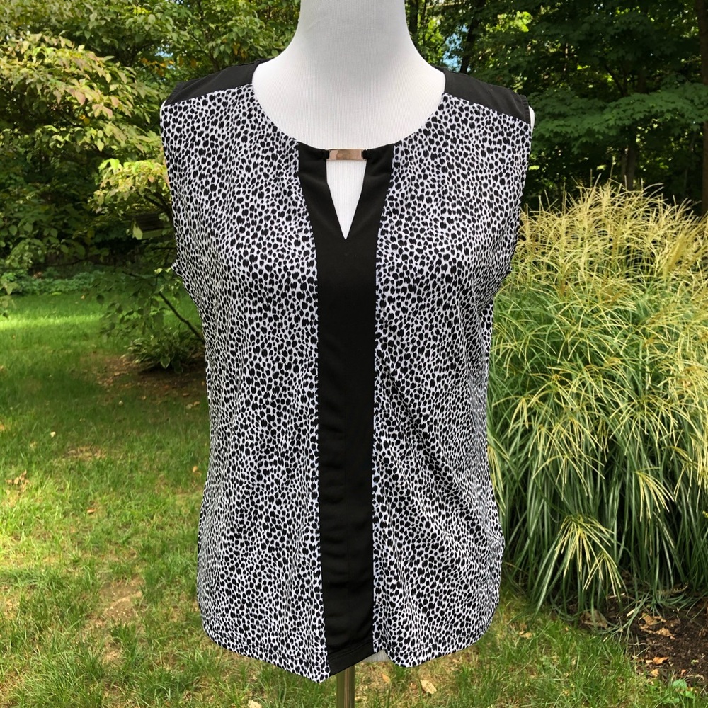 Sleeveless Black and White Animal Print Blouse - Classic Work Top